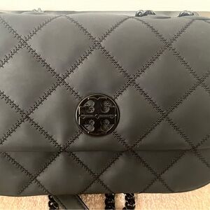 Tory Burch Diamond Quilted Black on Black Flap Bag